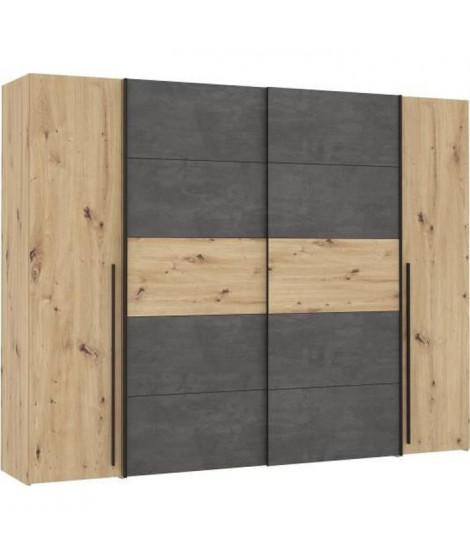 Armoire 2 portes battantes + 2 portes coulissantes - Décor chene artisan et béton gris - L 270,3 x P 61,2 x H 210 cm - NARAGO