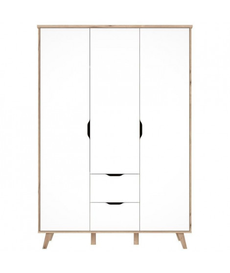 FINLANDEK Armoire de chambre VANKKA scandinave décor chene et blanc mat + pieds en bois massif - L 140 cm