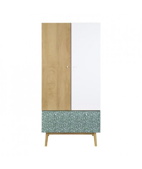 Armoire 2 portes 1 tiroir - Décor chene et vert - Pieds en bois massif - L 80 x P 50 x H 170 cm - GARDENIA