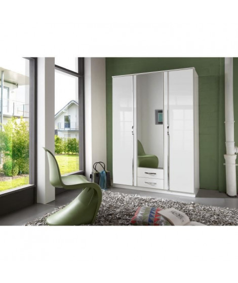 Armoire - Panneaux de particules E1 et porte miroir - 3 portes 1 miroir - Décor blanc - Chambre - L 135 x P 56 x H 199 cm