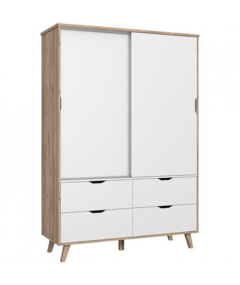 Armoire 2 portes + 4 tiroirs - Décor chene et blanc - L 139,4 x P 52,7 x H 201,5 cm - VANKKA