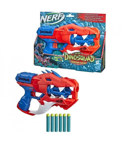 NERF - DinoSquad - Blaster Raptor-Slash avec barillet rotatif 6 fléchettes, tir en rafale, 6 fléchettes Nerf, vélociraptor