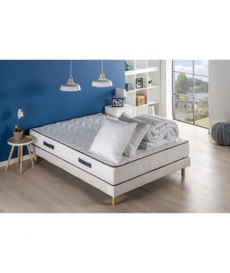 DEKO DREAM Relax Pack pret a dormir - Matelas + Sommier 140x190 cm + Couette + 2 Oreillers - Ressorts - 7 zones 24 cm - Equil…