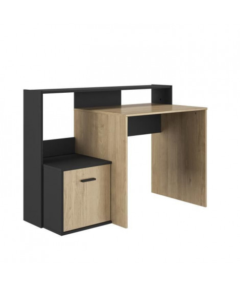 Bureau WILLY 1 porte - Noir et chene - Style industriel - L 124 x P 60 x H 91/75 cm - DIAGONE