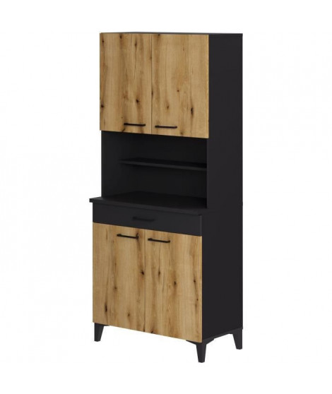 Buffet haut de cuisine SPIRIT - 4 portes et 1 tiroir - Mélamine chene et noir - L 80 x P 43 x H 183 cm