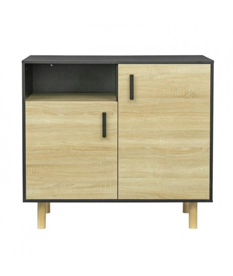 Petit buffet avec 2 portes et 1 niche - Décor noir et chene - L 100 x P 48 x H 90 cm - LILA