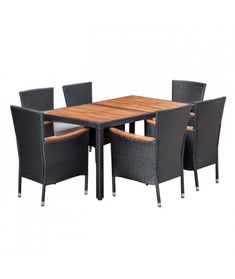 PARIS Ensemble repas de jardin 6 personnes - Table 150x90cm + 6 Fauteuils - Plateau Acacia FSC et structure résine tressée - …