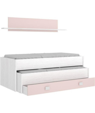 Lit gigogne enfant avec tiroir de rangement + 1 étagere - Chene blanc/rose - 2x90x190 cm - OCEAN