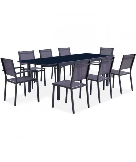 Ensemble repas de jardin 6 a 8 personnes Alu.- Table extensible 180/240x100cm + 6 chaises et 2 fauteuils et assise textilene …