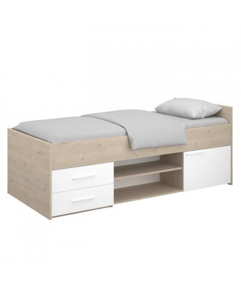 LIAM Lit enfant avec rangement - Décor chene jackson et blanc - L204 cm x l95 x H79 cm