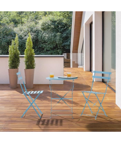 Ensemble de jardin bistrot 2 personnes - Table ronde 60 cm avec 2 chaises - Acier  thermolaqué - Bleu