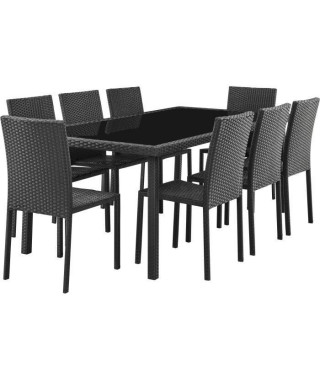 Ensemble repas de jardin - table en verre trempé et 8 chaises en résine tressée noir - Table 200x100x73 cm - Chaise : 44x54x8…
