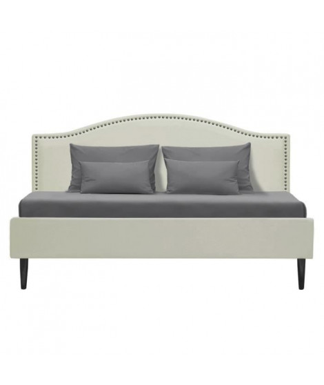 Lit adulte classique - Tissu beige - Tete de lit cloutée et pieds bois - sommier inclus - l 140 x L 190 cm NAILHEADS