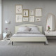 Lit adulte classique - Tissu beige - Tete de lit cloutée et pieds bois - sommier inclus - l 140 x L 190 cm NAILHEADS