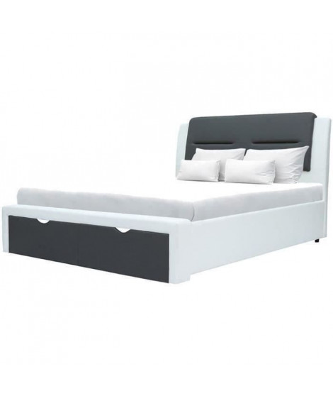 Lit  adulte contemporain avec tiroirs de rangement - Simili Gris foncé/blanc - Sommier inclus - 140 x 190 cm - SCARLETTE