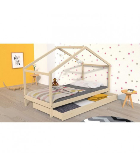 KOALA Lit cabane enfant avec tiroir - Bois pin massif - Naturel - Sommier inlcus - 90x190cm