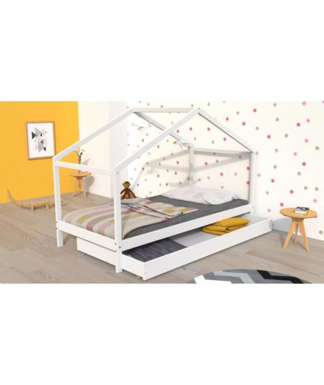 KOALA Lit cabane enfant avec tiroir - Bois pin massif - Blanc - Sommier inlcus - 90x190cm