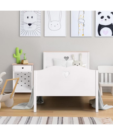 HARO Lit enfant - MDF et Pin Massif - Décor Chene et laqué blanc - Sommier inclus - 90 x 190 cm