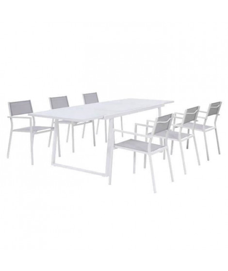 Salon de jardin 6 personnes - table extensible alu. avec plateau en verre 160/240 + 6 fauteuils assise textilene - Blanc