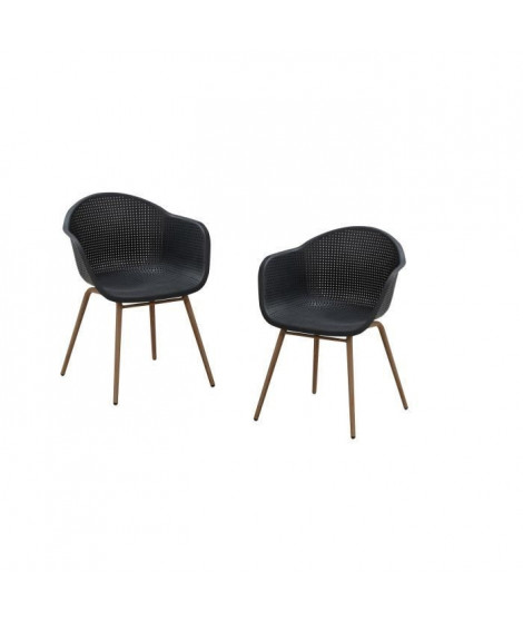 Lot de 2 Fauteuils Scandinave - Assise en plastique, pied en acier - Noir anthracite  - Décor bois naturel