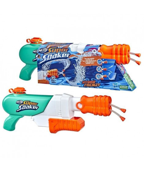 NERF SUPER SOAKER - Blaster a eau Hydro Frenzy - 3 manieres d'arroser, embout ajustable, 2 tubes lanceurs d'eau