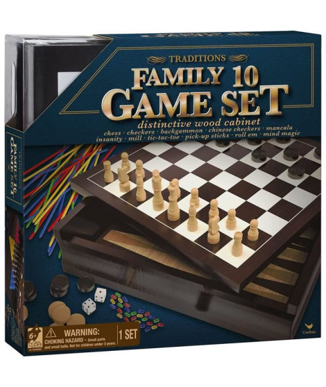 Coffret en bois de 10 jeux classiques Echecs Dames Solitaire