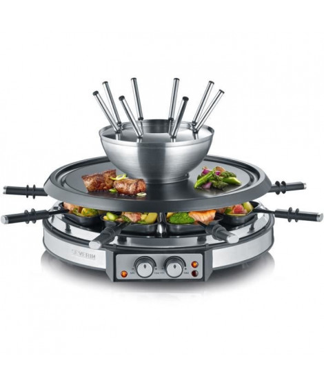 SEVERIN RG2348 - Combiné 2 en 1 Raclette et Fondue 8 personnes - 1900W - 8 fourchettes a fondue et 8 spatules - Cuve Inox