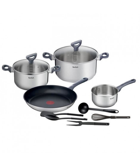 TEFAL G713SB45 Daily Cook Set 11 pieces INOX : Casserole 16 cm + Faitouts 20 et 24 cm avec couvercles + Poele 28 cm + 5 usten…