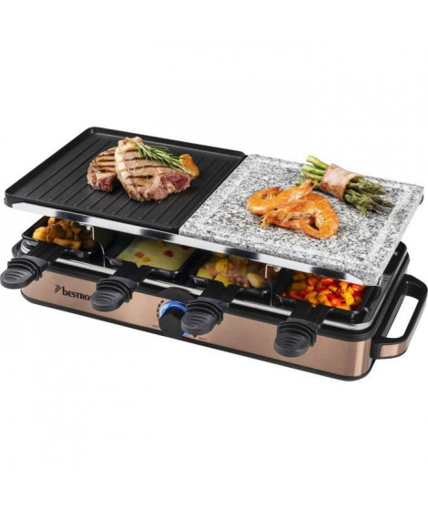 Bestron Appareil a raclette-grill Raclette électrique jusqu'a 8 personnes, 8 poelons et 8 racloirs, 1400 Watts, Couleur: cuivre