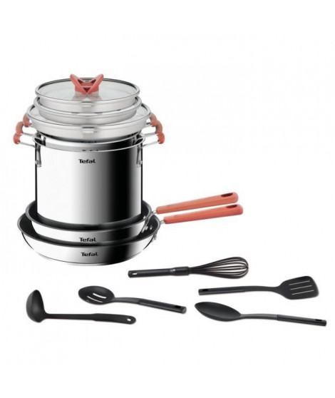 TEFAL G721SD74 Batterie de cuisine 13 pieces, Induction, Acier inoxydable + revetement antiadhésif, Poele, Casserole, Opti'Space