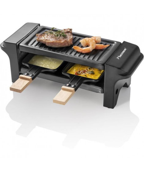 Bestron Appareil a raclette, Mini Grill pour 1 a 2 personnes, avec 2 poelons et 2 spatules, 350 Watts, couleur: noir/bois