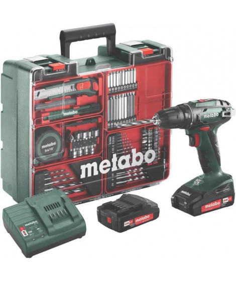 METABO Perceuse visseuse avec 2 batteries 18 V 2 Ah Li-ion et un coffret de 73 accessoires