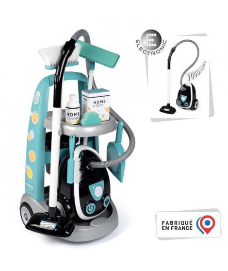 SMOBY - Chariot de ménage + aspirateur électronique avec bruit d'aspiration - 9 Accessoires - Piles Incluses - des 3 ans