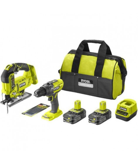 RYOBI One+ Duo perceuse a percussion + scie sauteuse sans fil 18V - RCK182B-225SA6 - 2 batteries 2,5 Ah - 6 lames - sac de ra…