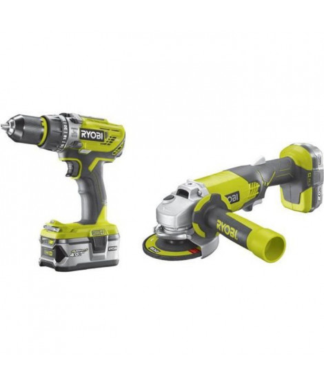 RYOBI Pack 2 outils sans fil 18 V : Perceuse a percussion + meuleuse 115mm - 2 batteries 1 x 2,0 Ah et 1 x 4,0 Ah