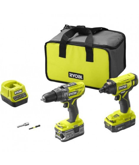 RYOBI One+ Duo perceuse a percussion + visseuse a chocs sans fil 18V - R18PDID2-252S - batteries 2 et 5 Ah - sac de rangement