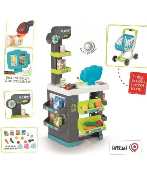 Smoby Marchande Supermarché pour Enfant - Chariot de Course Inclus - Vraie Calculatrice - 34 Accessoires - des 3 ans