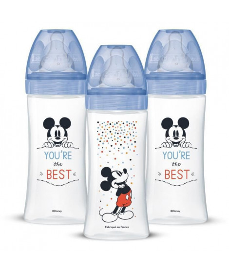 Dodie Lot de 3 Biberons Anti colique Sensation+, Mickey, 330 ml, +6 Mois, Tétine Plate, Débit 3