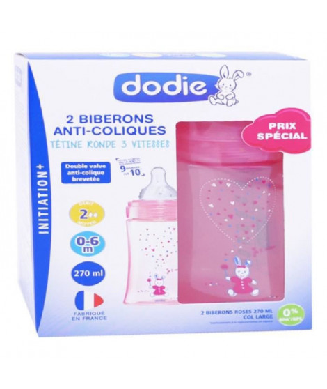 Dodie Biberon Initiation+ Anti-Coliques 3 Vitesses +0m Rose Licorne Lot de 2 x 270ml