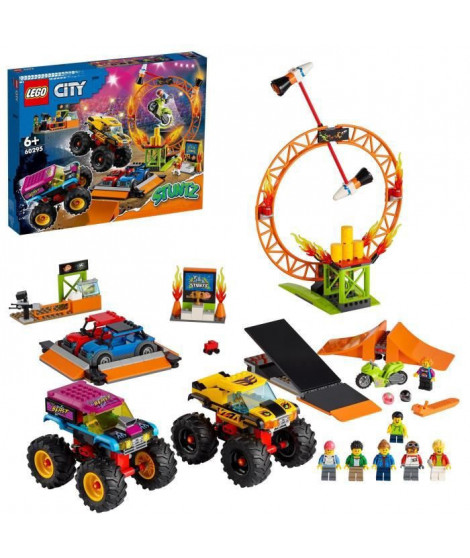 LEGO 60295 City Stuntz L'Arene de Spectacle des Cascadeurs, 2 Monster Truck et Voitures Jouets, Moto a Rétrofriction, Cercle …