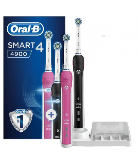 Oral-B Smart 4 Duopack Brosse a Dents Électrique Rechargeable avec 2 Manches Connecté Bluetooth et 2 Brossettes, Rose et Noir
