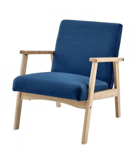 Fauteuil en Velours Bleu nuit - Pieds en bois naturel - L 63 x P 78 x H 75 cm - TULIO