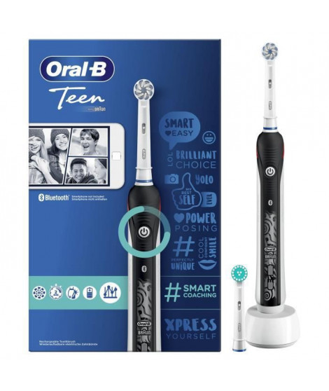 Oral-B Teen Brosse a Dents Électrique Rechargeable, 1 Manche, 1 Brossette, Noir, Élimine jusqu'a 100 % de plaque dentaire