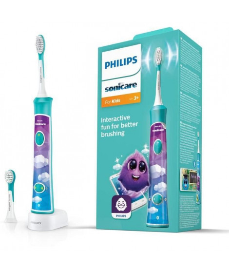 Brosse a dents électrique connectée PHILIPS SONICARE HX6322/04 pour enfant  (2 modes 3+ et 7+ - Bleu turquoise)  2 tetes de b…