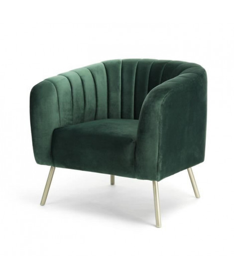 MATHIS Fauteuil rétro - Velours vert, structure en bois massif et pieds dorés - L 79 x P 70 x H 71 cm