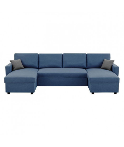 Canapé d'angle convertible panoramique + 2 coffres de rangement + 2 coussins - Tissu Bleu - L 300 x P 148 x H 83 cm - OWENS