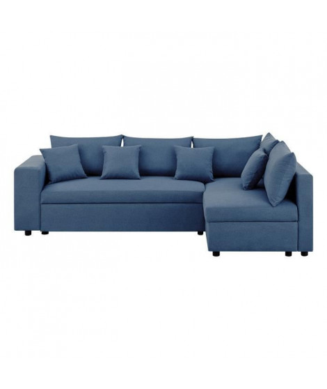 Canapé d'angle a droite convertible + Coffre de rangement + 4 coussins - Tissu Bleu - OWENS - L 250 x P 163 x H 88 cm