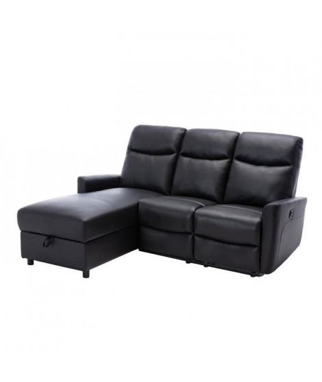 Canapé angle gauche - JESS - avec coffre et 1 place relax électrique - Cuir et simili noir - 235x97x98cm