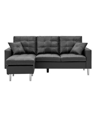 Canapé d'angle reversible - Cuir noir et gris - Pieds métal - L 194 x P 139 x H 83 cm - NEVADA