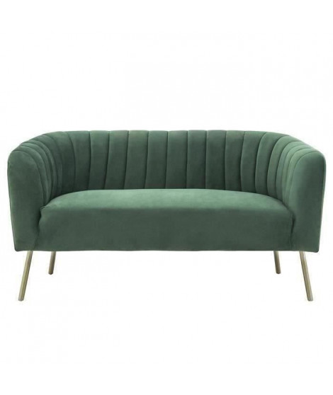 MATHIS Canapé rétro 2 places - Velours bleu vert et structure bois massif - L 167 x P 70 x H 71 cm